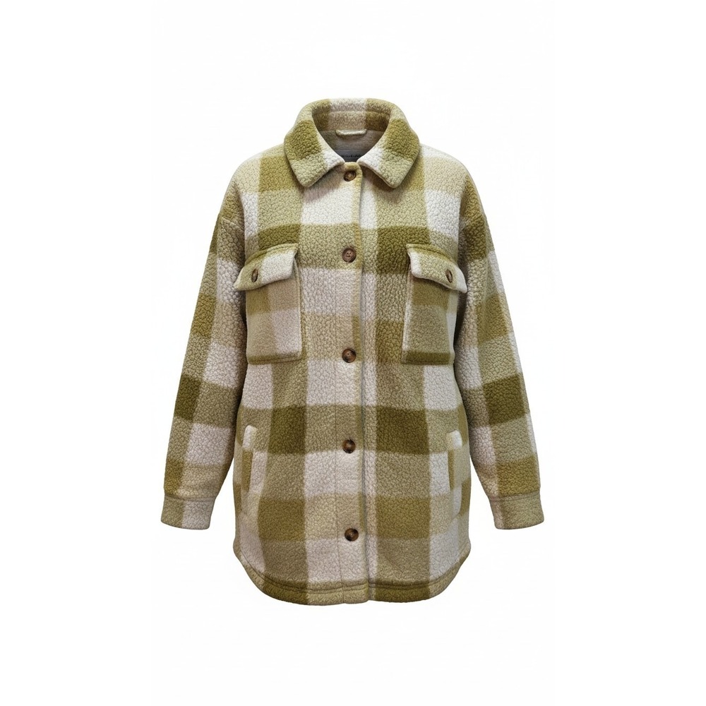 Billabong Womens XL Plaid Sherpa Fleece Jacket Shacket Green White Flannel Fuzzy